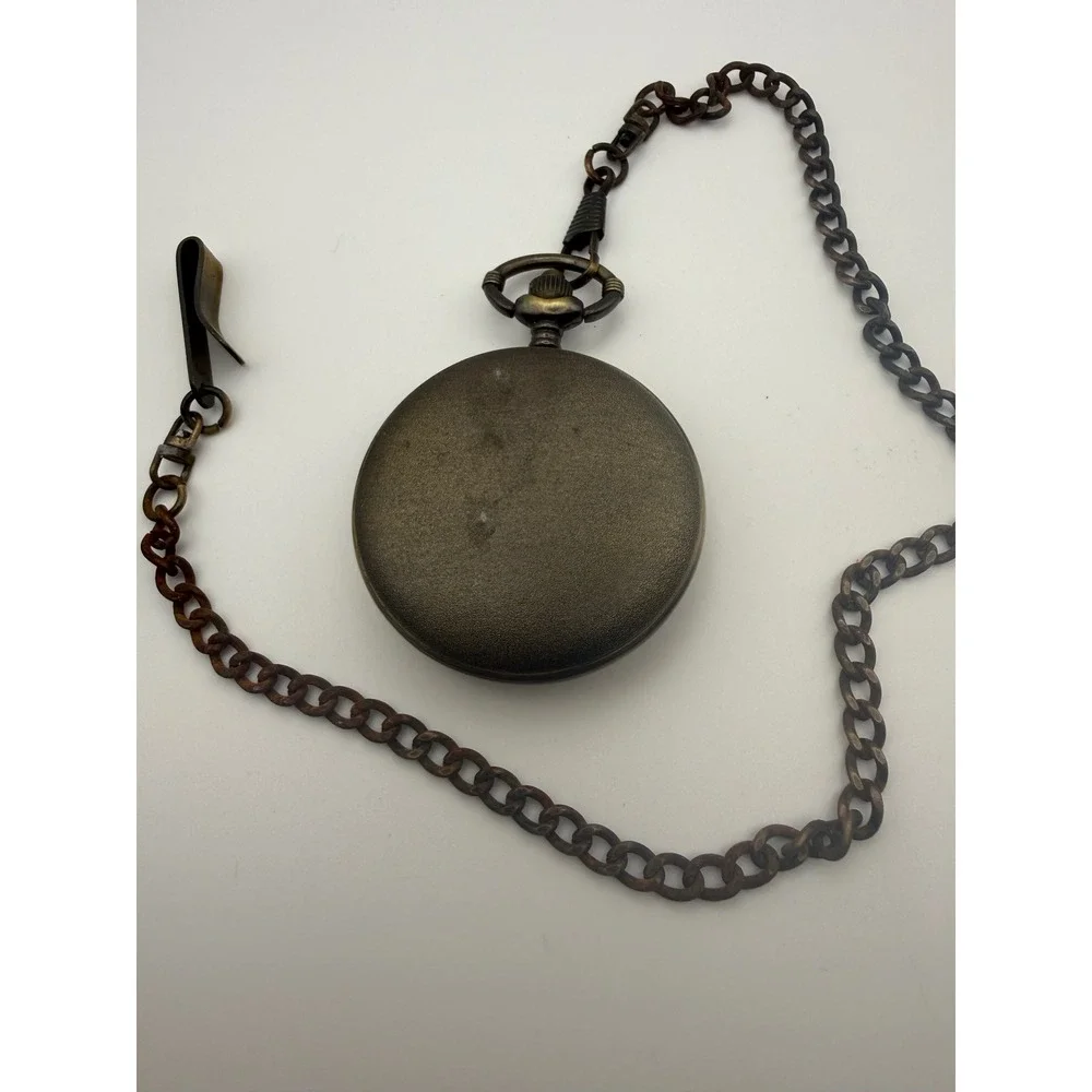 Benrus Grandpa Pocket Watch Bronze Tone Quartz Hunter Case Chain Mens Vintage